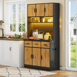 Matthew Kitchen Storage Pantry Cupboard With LED Light - Natural & Black