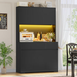 Demarco Tall Kitchen Pantry Cupboard 180cm with LED Light, Power Socket & Drawers - Black
