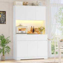Demarco Tall Kitchen Pantry Cupboard 180cm with LED Light, Power Socket & Drawers - White