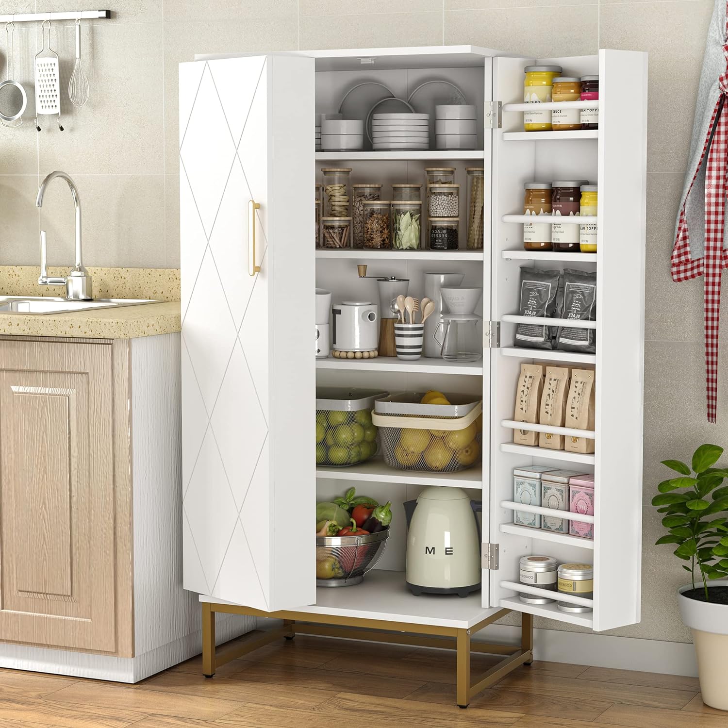 Ryland Kitchen Storage Pantry Cupboard - White & Gold | Larders Direct ...
