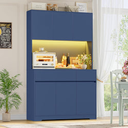 Demarco Tall Kitchen Pantry Cupboard 180cm with LED Light, Power Socket & Drawers - Blue