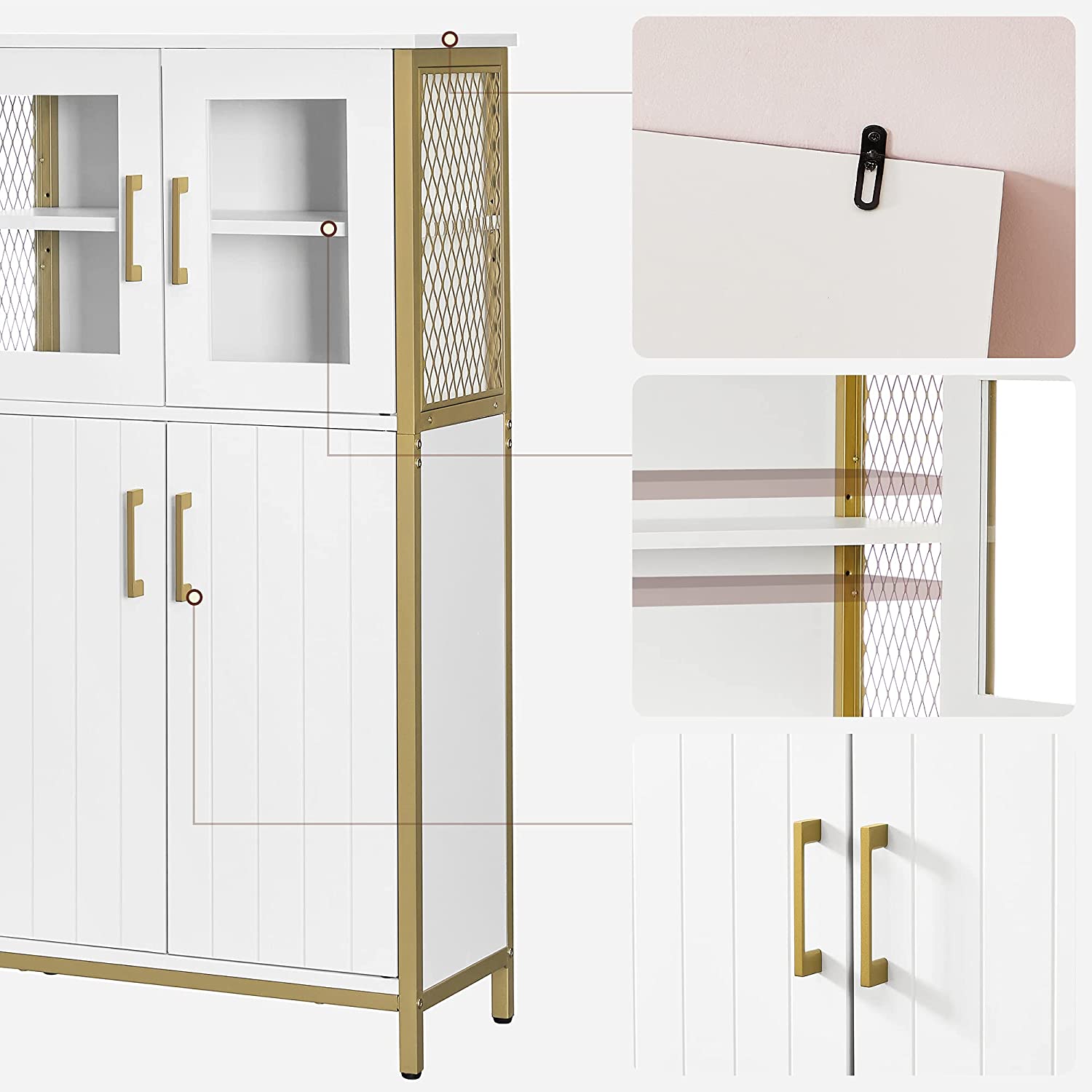 Vinsetto Kitchen Storage Cupboard White Gold